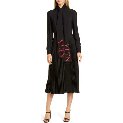Valentino Vltn Logo Tie Neck Long Sleeve Midi Dress, US / 40 IT - Black