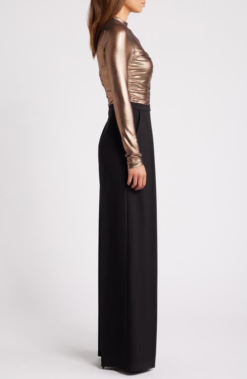 Shop Black Halo Leonarda Bronze Bodice Crepe Back Satin Wide Leg Jumpsuit In Tarnished Bronze