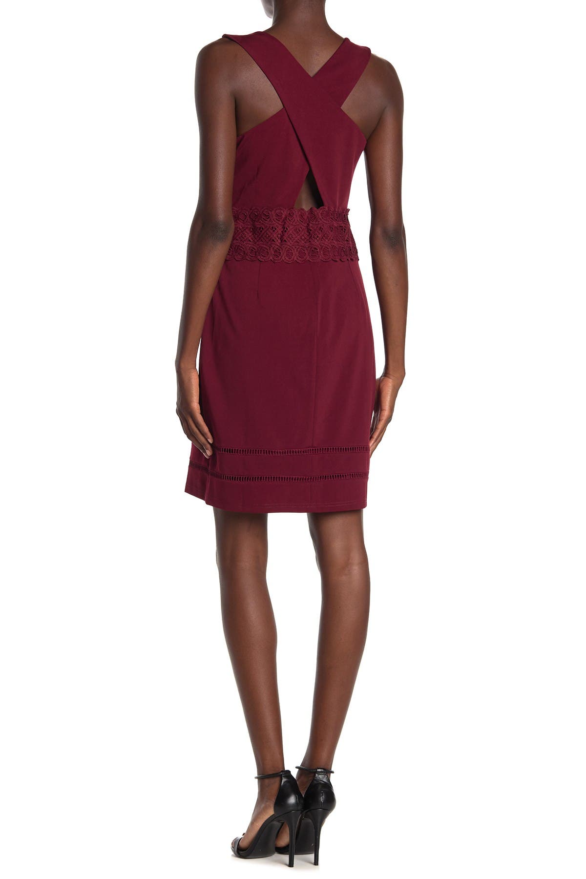 Adelyn Rae Embroidered Criss-cross Back Sheath Dress In Dark Red2