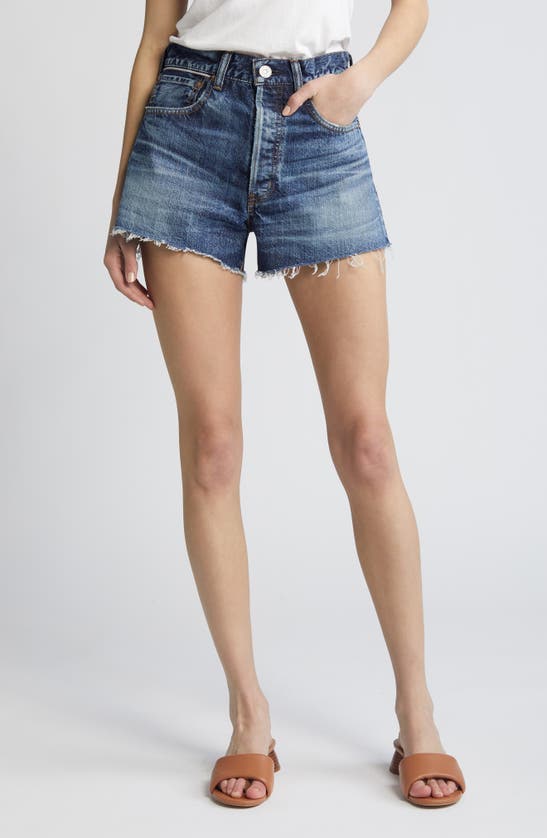 Shop Moussy Vintage Ford High Waist Denim Cutoff Shorts In Dark Blue