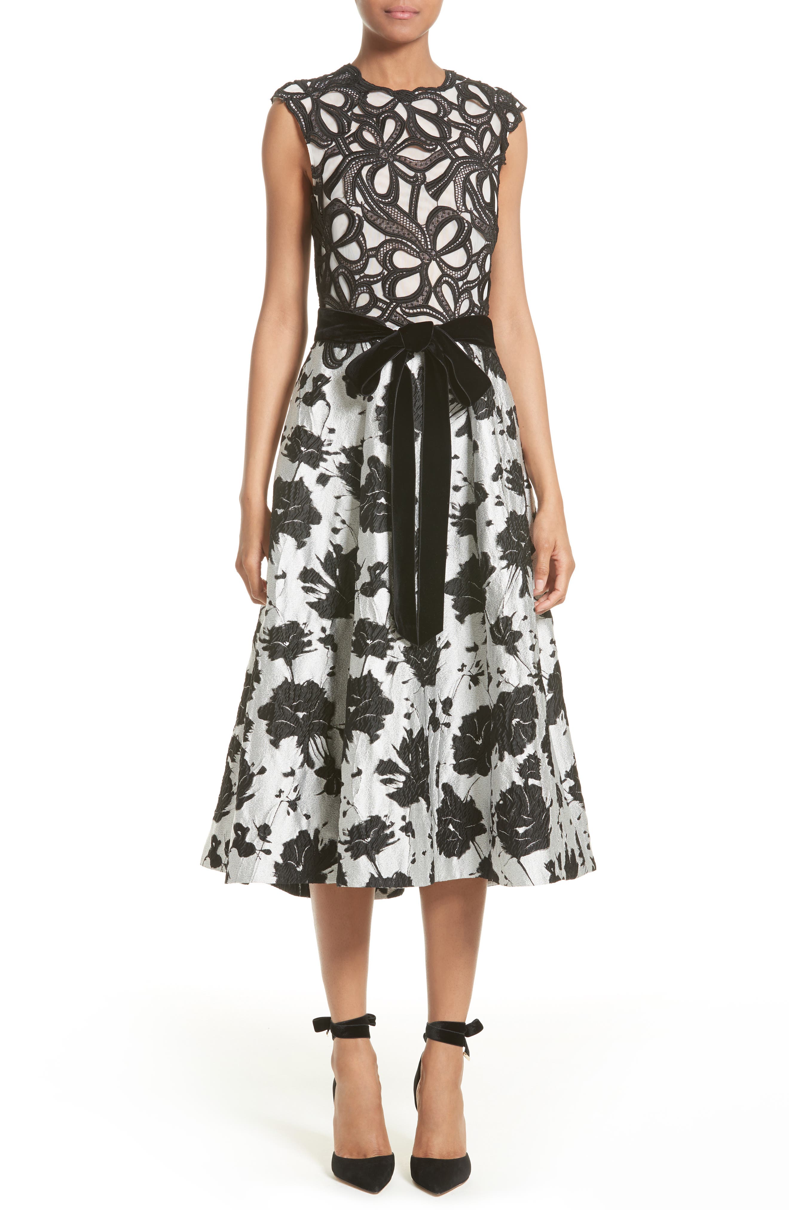 Monique Lhuillier Lace & Jacquard Tea Length Dress Nordstrom