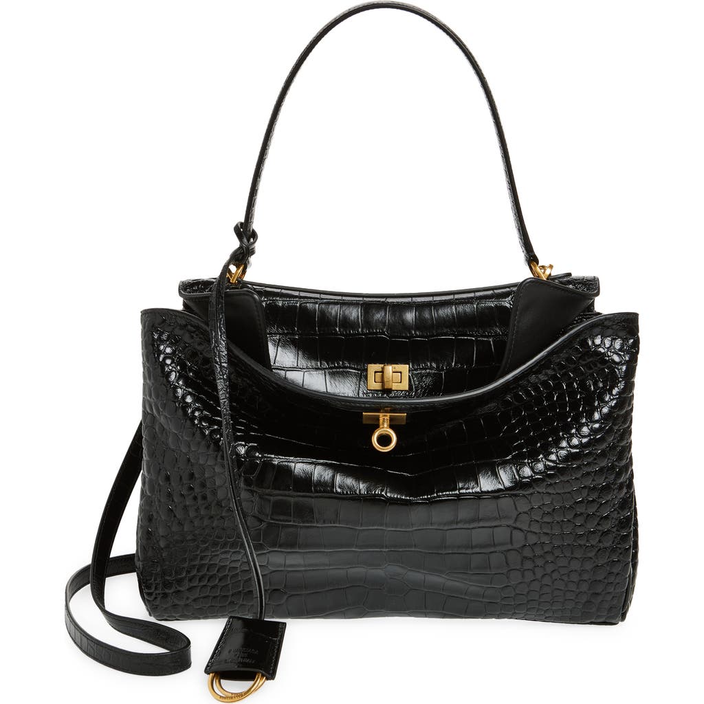 Balenciaga Women`s Medium Rodeo Crocodile Embossed Bag In Black In 1000 Black