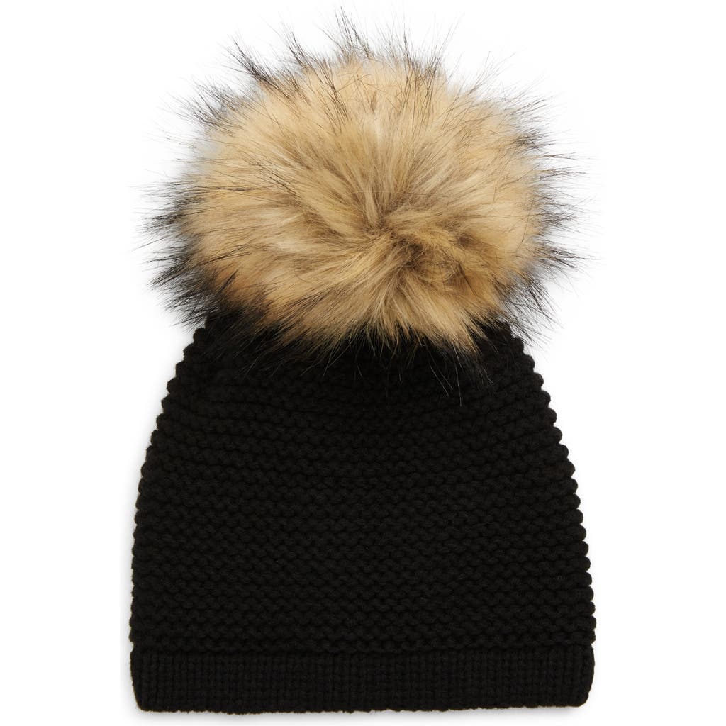 Kyi Kyi Wool Blend Beanie With Faux Fur Pompom In Black/natural