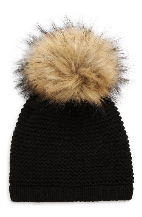 100% Merino Wool Luxury Knit Folded Brim Beanie with Faux Fur Pom Pom | Heavyweight Warm Wool Hat | Pink, Blush | Double Foldover Brim Hat