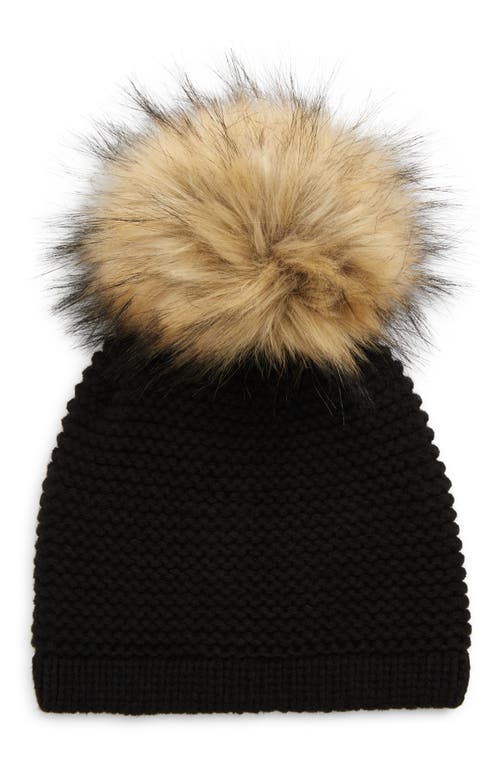 Kyi Kyi Wool Blend Beanie with Faux Fur Pom in Black/Natural