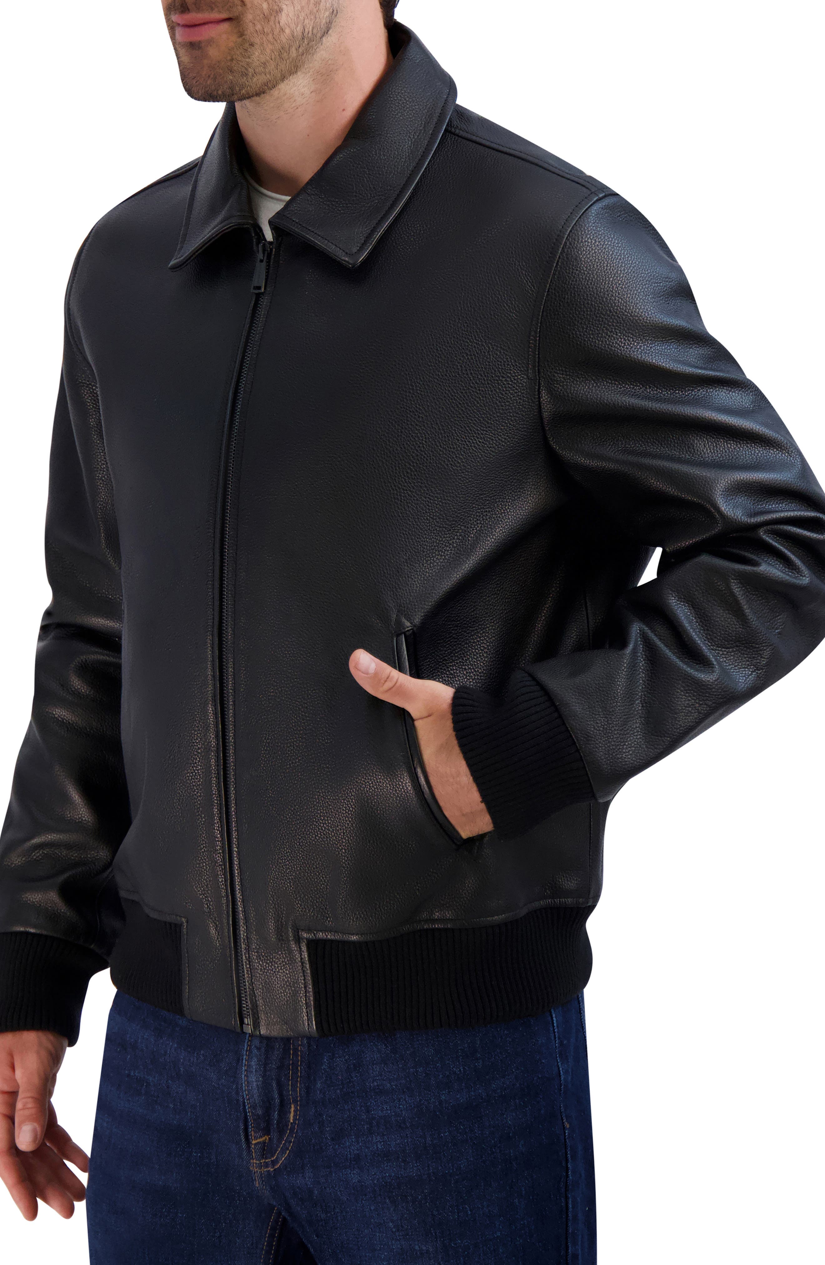 Cole haan leather varsity bomber clearance jacket