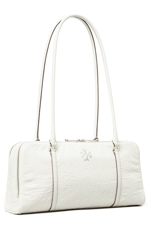 Shop Tory Burch T Monogram Small Metallic Marshmallow Satchel In White