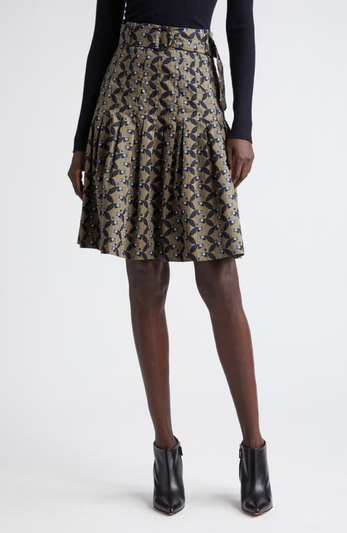 Bird Print Pleated Cotton Skirt in Sage-Black-Ink