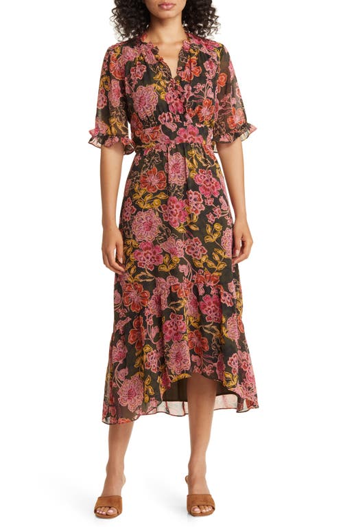 Maggy London Floral Ruffle Faux Wrap Midi Dress in Olive/Pink Coral
