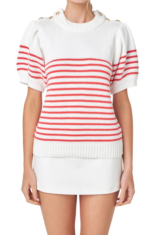 Shop English Factory Stripe Short Sleeve Cotton Sweater In Off White/red