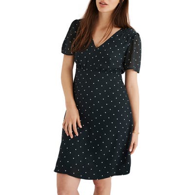 Madewell Dot Smocked Shoulder Dress, Green