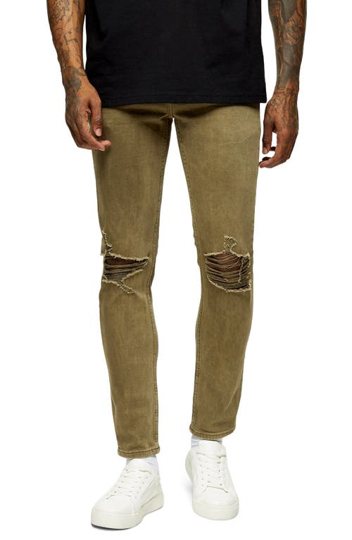 Topman Ripped Skinny Fit Jeans in Olive