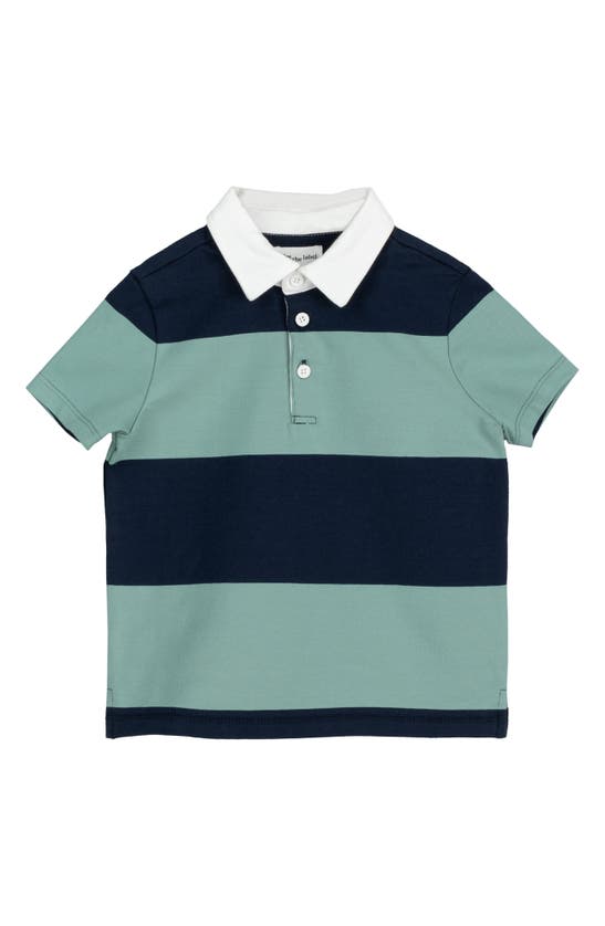 Shop Miles Baby Kids' Stripe Short Sleeve Organic Cotton Rugby Shirt In Teal/navy