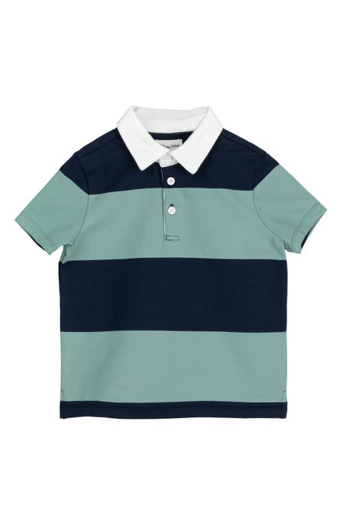 MILES BABY Kids' Stripe Short Sleeve Organic Cotton Rugby Shirt Teal/navy at Nordstrom,