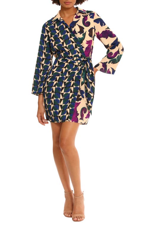 Shop Donna Morgan For Maggy Mixed Print Long Sleeve Wrap Minidress In Bone/pine