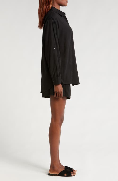 Shop Elan Cotton Button-up Cover-up Shirt In Black