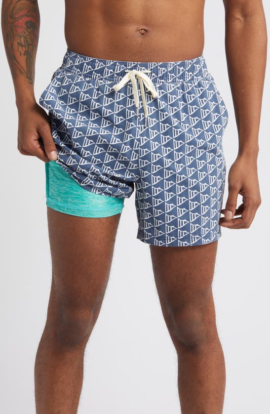 Shop Fair Harbor The Bungalow Leaf Print Swim Trunks In Navy Windy Flags