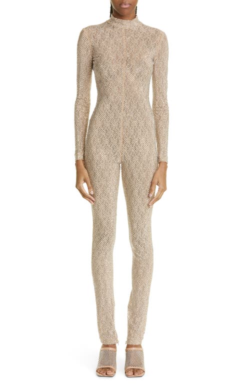 Crystal Embellished Floral Lace Catsuit in Light Beige