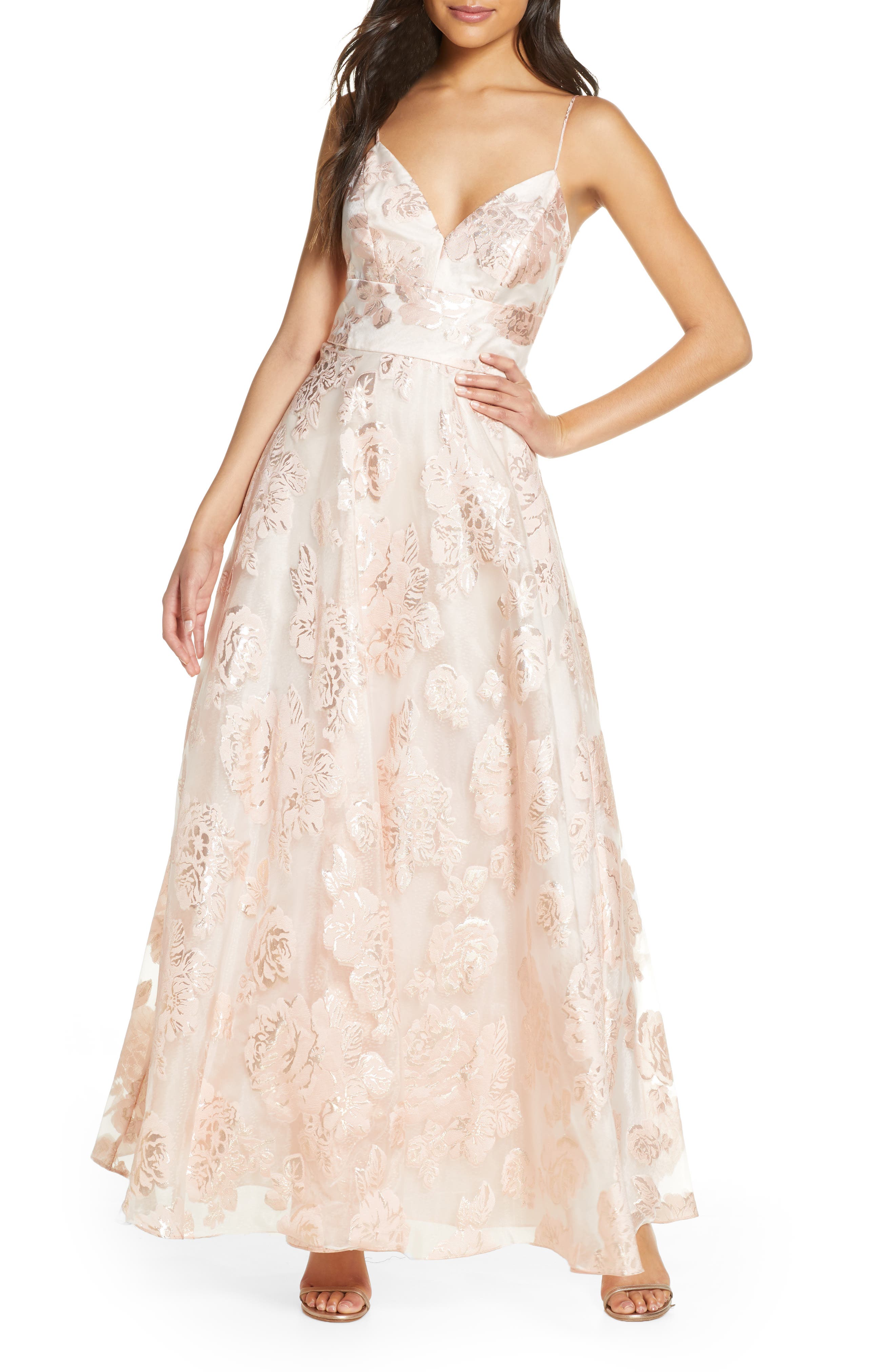 eliza j metallic floral ball gown