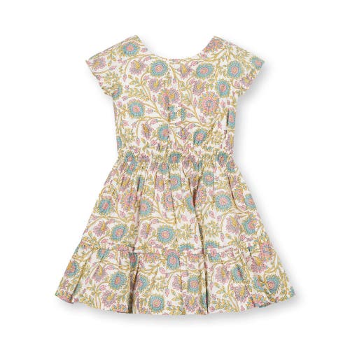 Hope & Henry Kids'  Girls' Organic Short Sleeve Split Neck Tiered Dress, Toddler In Provence Woodblock Floral