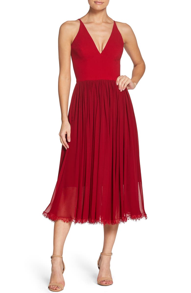 Dress the Population flared red fall wedding guest dress with v neck