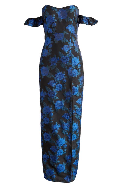 Shop Lulus Exceptional Occasion Floral Jacquard Off The Shoulder Gown In Black/blue