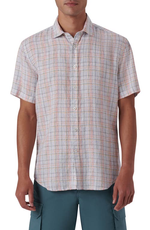 Bugatchi Shaped Fit Plaid Linen Short Sleeve Button-Up Shirt in White at Nordstrom, Size Medium