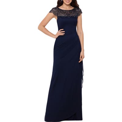 Xscape Beaded Ruched Side Gown, Blue