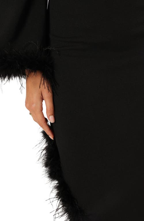 Petal And Pup Petal & Pup Dame Feather Trim Single Long Sleeve Midi Cocktail Dress In Black