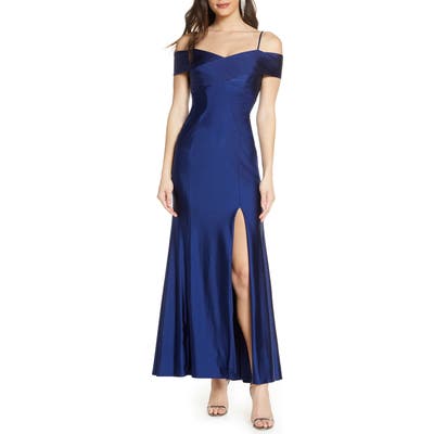 Morgan & Co. Cold Shoulder Portrait Collar Mermaid Gown, Blue