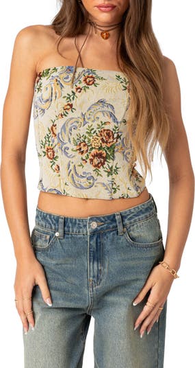 EDIKTED Floral Tapestry Strapless Corset Top