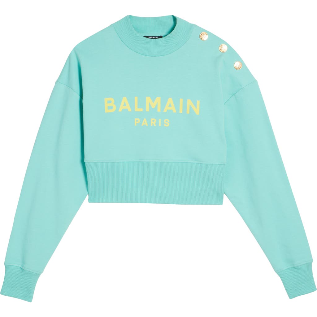 Balmain Logo Cotton Crop Sweatshirt In Blue