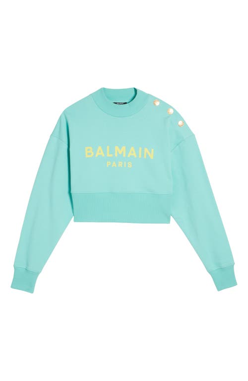 Shop Balmain Logo Cotton Crop Sweatshirt In Pale Green/multi