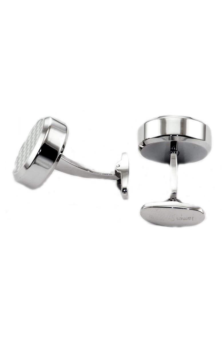 JAMES CAVOLINI ITALY Stainless Steel Checker Carbon Fiber Round Cuff Links, Main, color, WHITE
