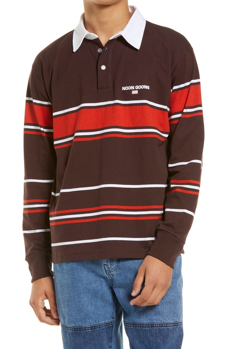 Noon Goons Stripe Cotton Polo Shirt, Brown And Orange Rugby Shirt