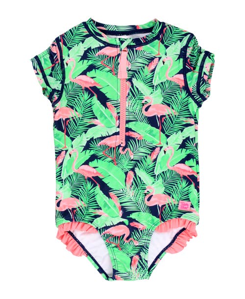 Shop Rufflebutts Girls Short Sleeve Upf50+ One Piece Rash Guard In Flamingo Frenzy