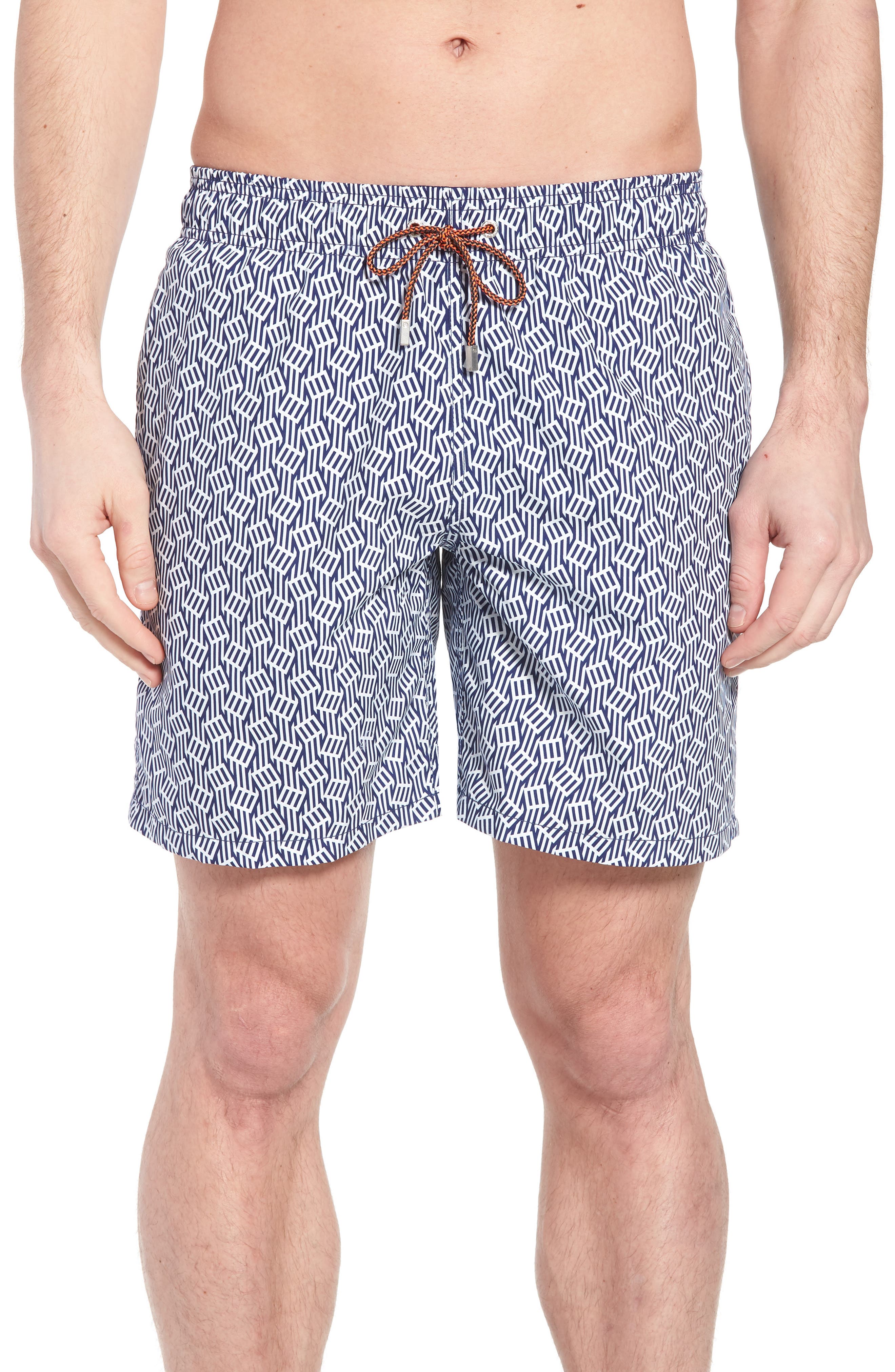 Bugatchi Abstract Leaf Print Swim Trunks, White