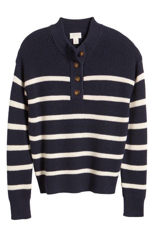 Shop Caslonr Caslon(r) Half Button Pima Cotton Blend Sweater In Navy- Ivory Renee Stripe