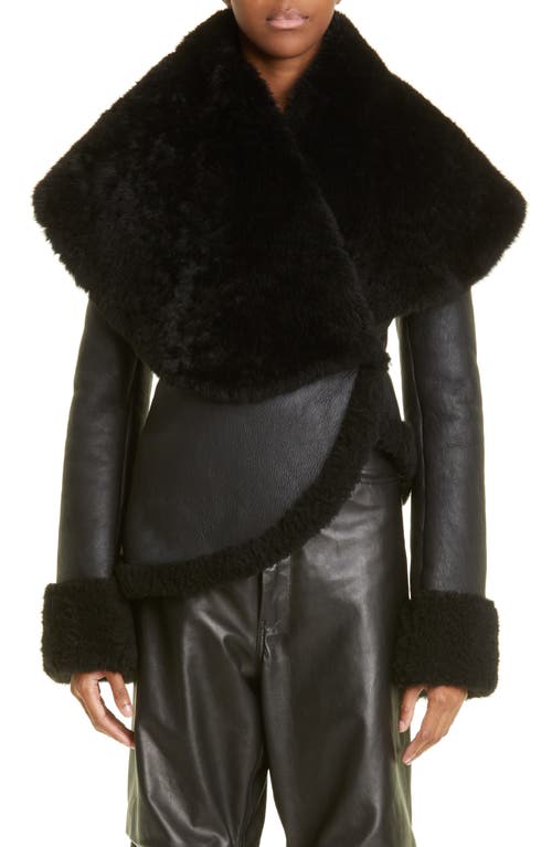 J6 Oversize Collar Genuine Shearling Wrap Jacket in Black