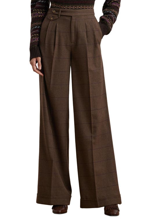 Ralph Lauren Lauren  Check Wool Wide Leg Pants In Brown/tan/purple Multi