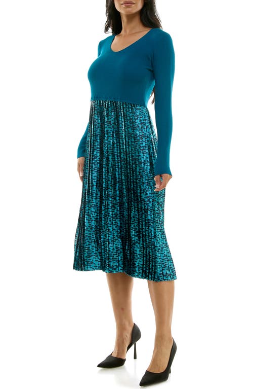 Nina Leonard Long Sleeve Mixed Media Dress In Teal Multi