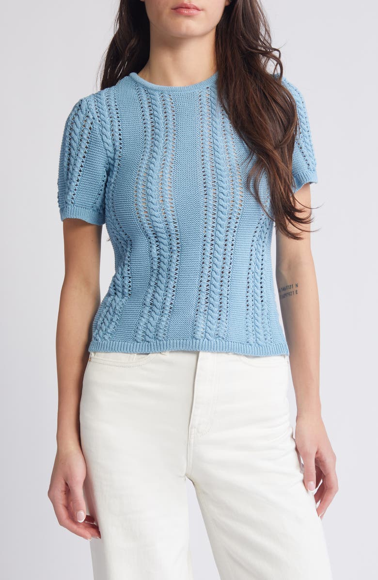 VERO MODA Nora Cable Detail Short Sleeve Cotton Blend Sweater | Nordstrom