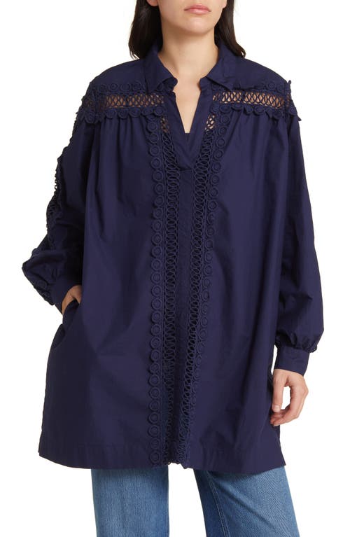 Gerel Embroidered Inset Cotton Tunic Shirt in Maritime Blue