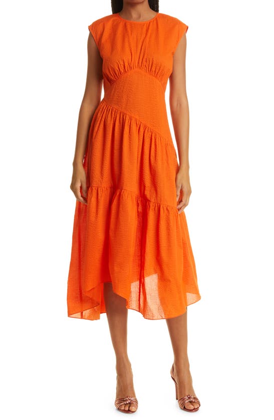 Frame Gathered Seam Midi Dress In Orange Crush