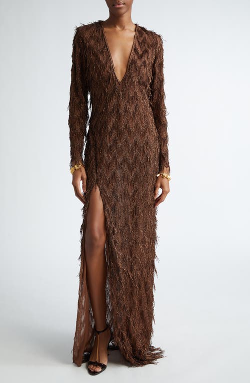 TOM FORD Long Sleeve Metallic Chevron Fringe Gown Bronze at Nordstrom, Us