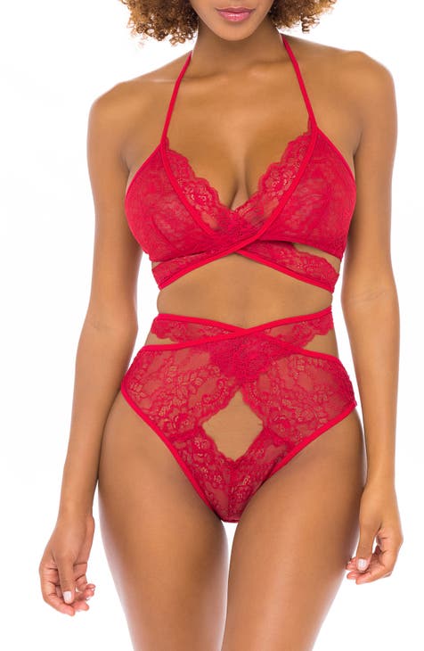 Women's Red Strappy Lace Bralette High Waist Lace Up Panty Set 