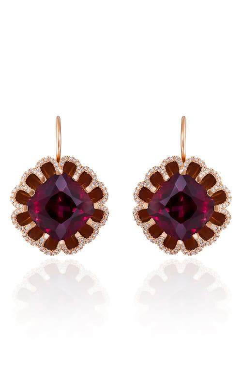 Floating Rhodolite Garnet & Diamond Drop Earrings in Rose/Diamond/Garnet
