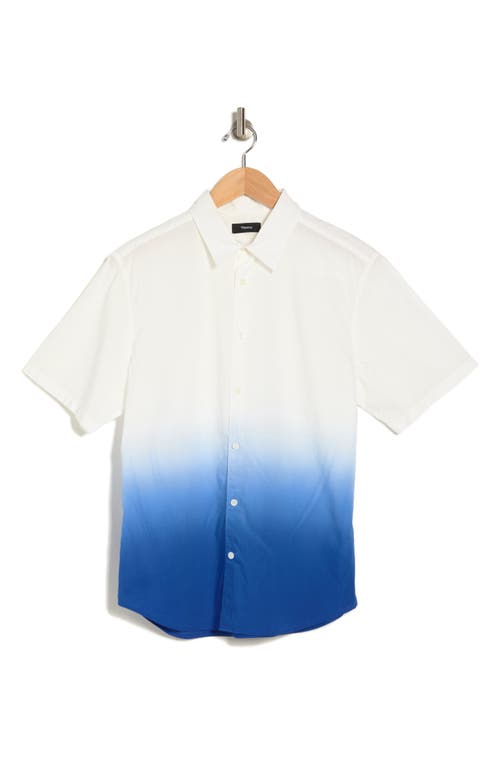 Shop Theory Bronson Dip Dye Short Sleeve Cotton Button-up Shirt In White/klein Blue