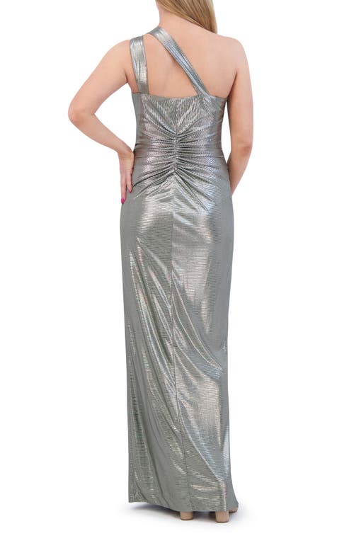 Shop Vince Camuto Metallic One-shoulder Body-con Gown In Olive