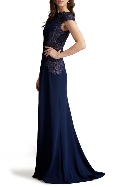 Tadashi Shoji Embroidered Side Ruched Cap Sleeve Gown In Midnight